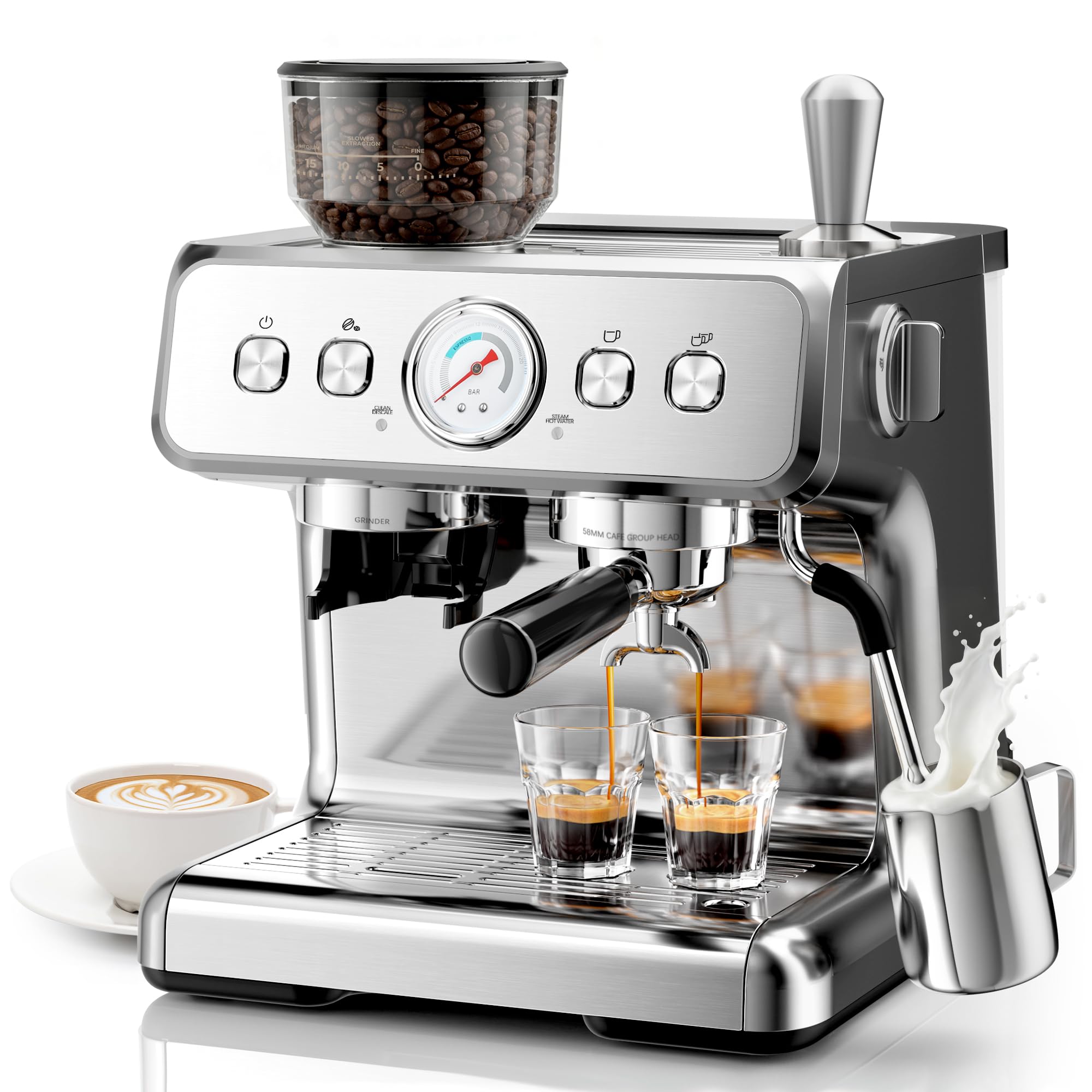 Kismile Dual Boiler Espresso Machine with Grinder 20 Bar Espresso Machines with Milk Frother Commercial Stainless Steel Expresso