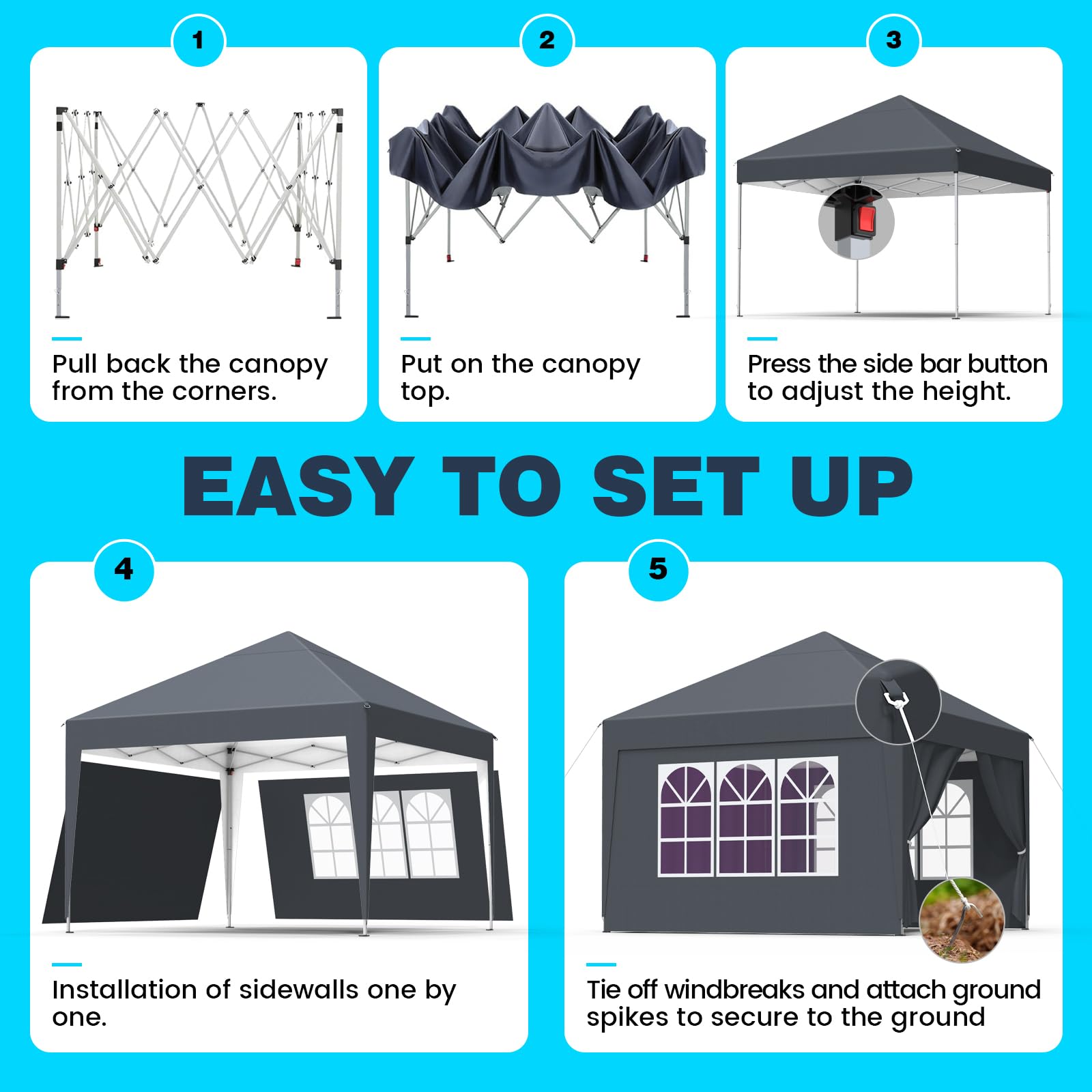 Pavillon 3x3m，Faltpavillon Wasserdicht，Winterfest，UV Schutz 50+，Stabil，Höhenverstellbar，Gartenpavillon mit 4 Seitenwänden、Tragtasche，Faltbar Partyzelt Gartenzelt für Outdoor Garten Party,Anthrazit