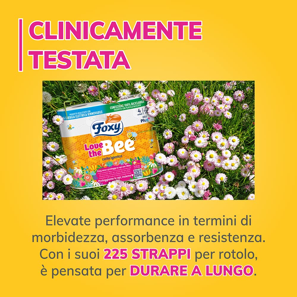 Foxy Love the Bee | Carta igienica 56 rotoli da 225 strappi | 2 veli elevato spessore | FSC |100% Energia elettrica rinnovabile| Confezione riciclabile prodotta con plastica riciclata, 1 item