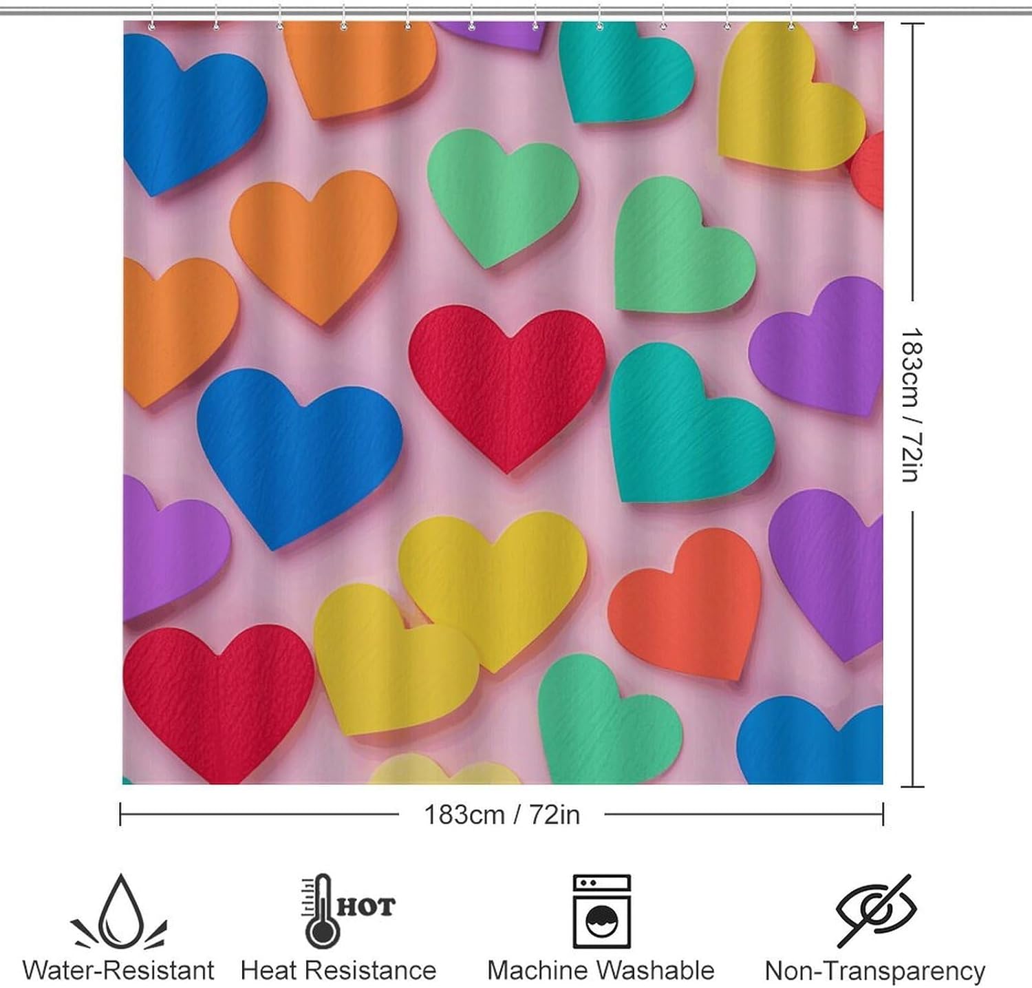 Colored Love Hearts Shower Curtain Set 4 Piece, Non-Slip Bath Mat with Toilet Lid Cover and Waterproof Shower Curtain with 12 Hooks, Complete Bathroom Set for Home Decor