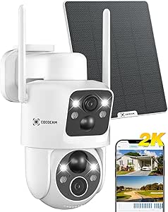 COCOCAM 2K Wireless Solar PTZ Outdoor Wi-Fi Camera with Dual Dual PIR Lenses, 10000mAh Battery, 355°P 90°T, Artificial Intelligence, Solar Panel 6W, IP66 asin的图片