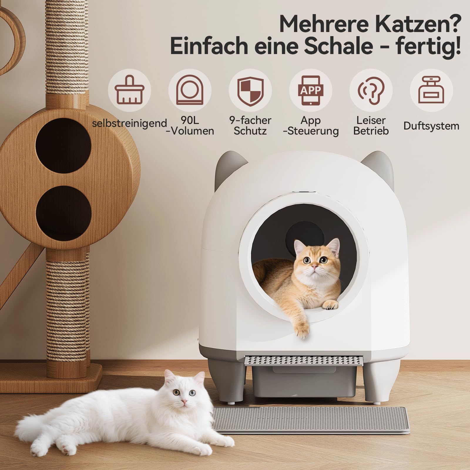 Devoko Katzenklo Selbstreinigend,Niedliche Katzenohren,Automatische Katzentoilette XXL,Fernsteuerung,groß Raum,Sicherheit, Anti-Geruch,90L cat Litter Box,Elektrisches katzenklo für Mehrere Katzen