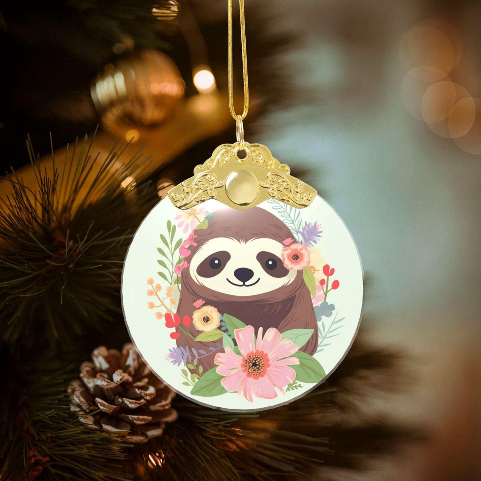 Crystal Christmas Ornaments for Christmas Tree Decoration Hanging Sloth and Flowers Ornament with Gold Ribbon Crafts Round Pendant for Keepsake Gifts Glass Xmas Decor Party Supplies