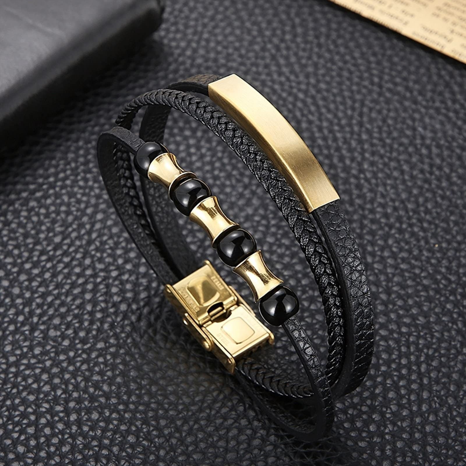 Pulsera de Acero Inoxidable para Hombre, Pulsera de Cuero para Hombre, Pulsera Multicapa con Cuentas Negras, Pulsera de Cadena Punk Fresca de 21 cm de Longitud