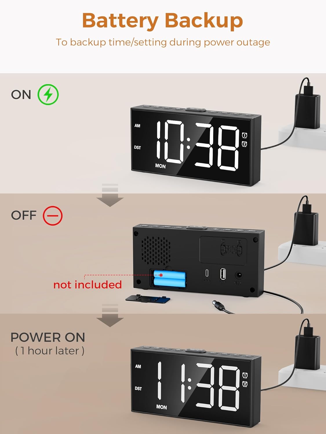 PPLEE Alarm Clock with large snooze button and sound wave illustration.