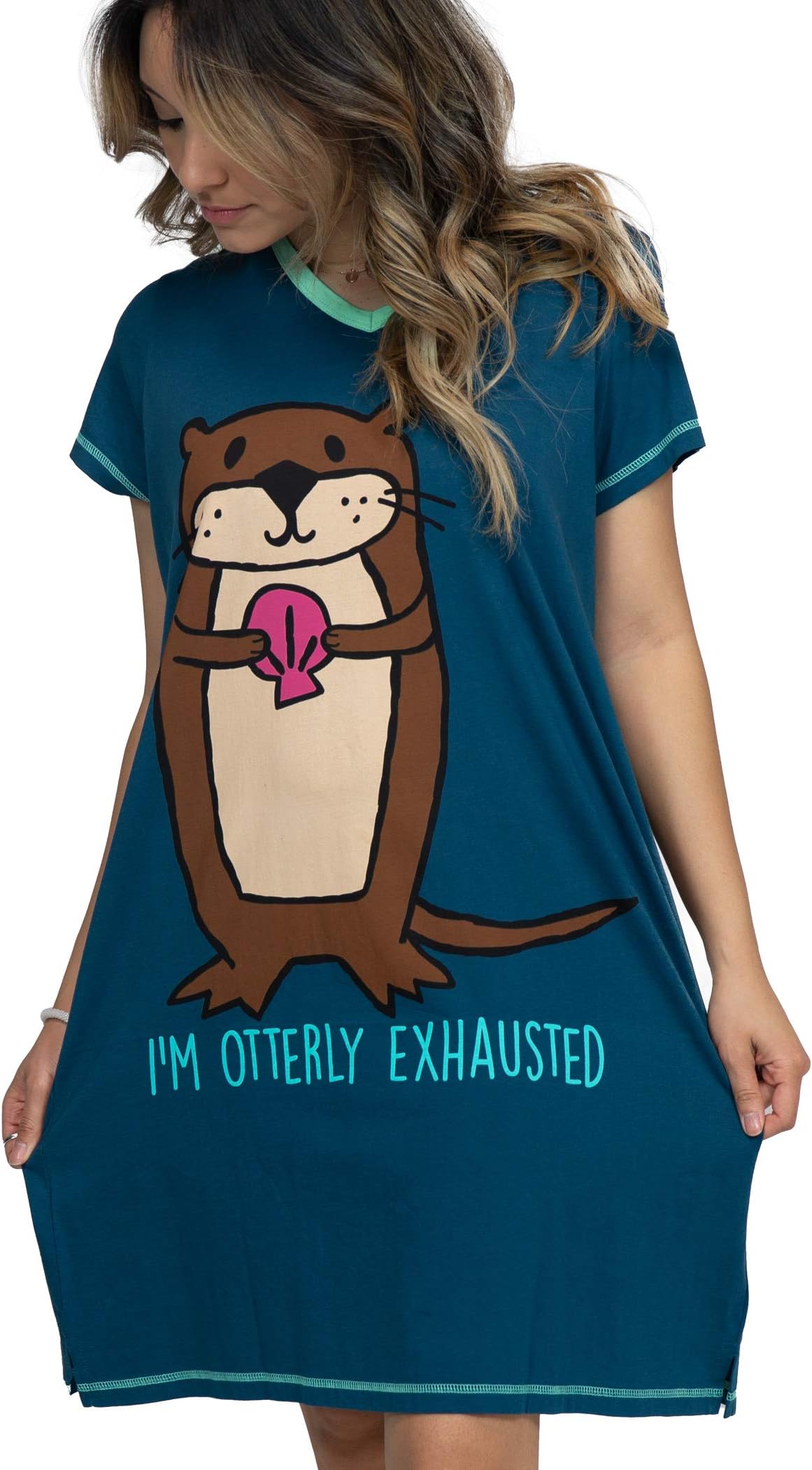 Lazy One Women's Nightgown, Funny V-Neck Sleep Shirt for Women (Otterly Exhausted, S/M)