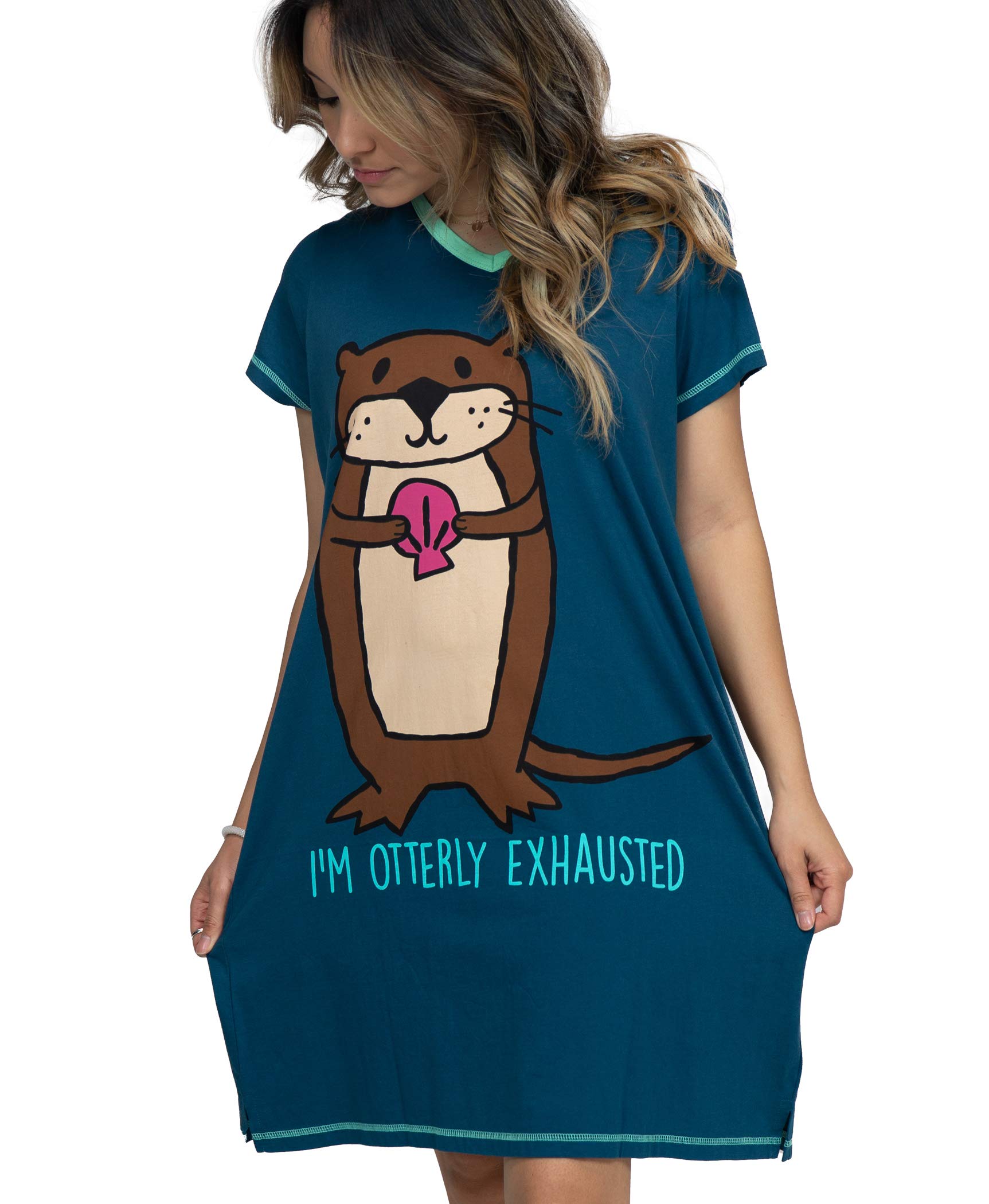 Lazy One Women's Nightgown, Funny V-Neck Sleep Shirt for Women (Otterly Exhausted, S/M)