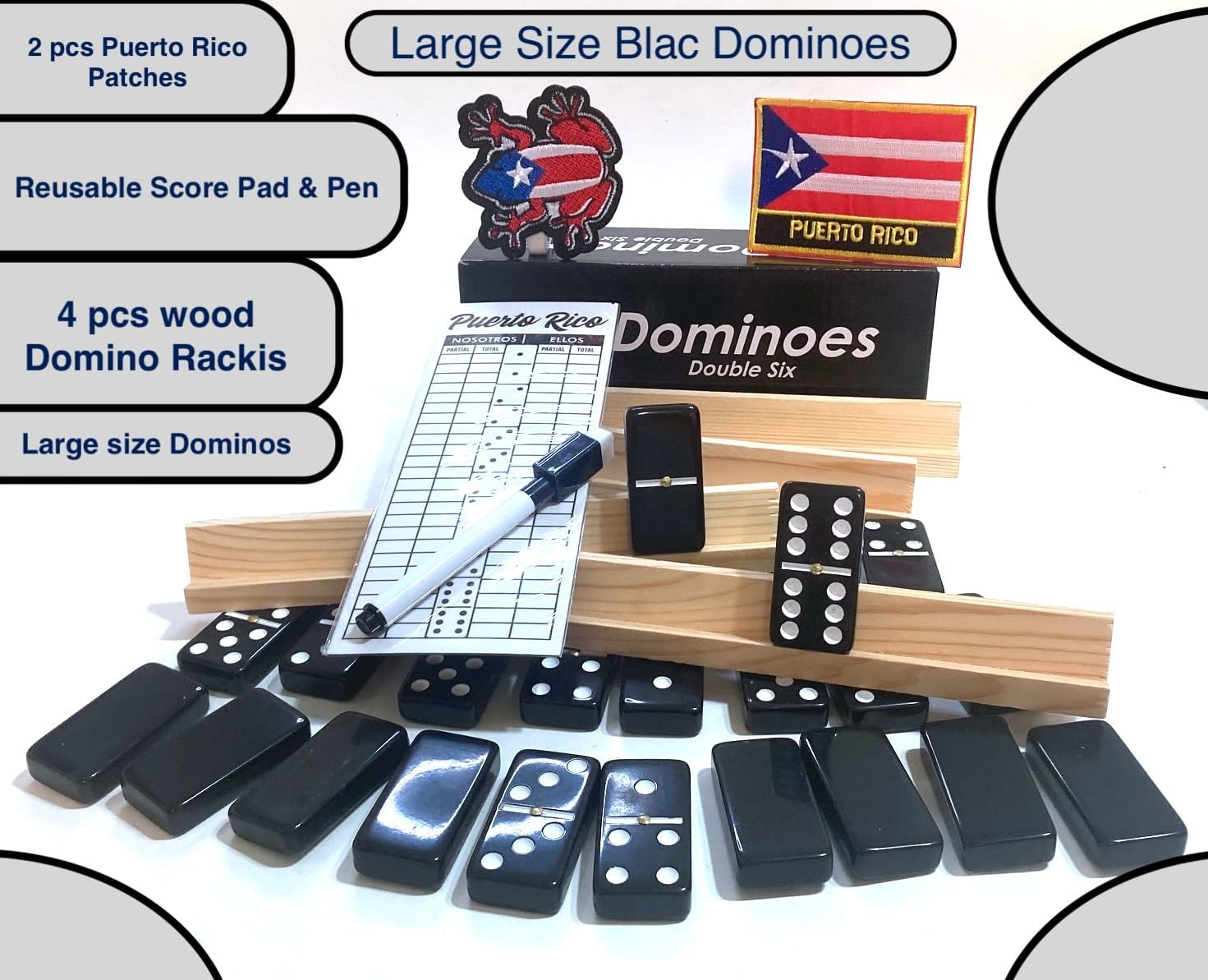 Puerto Rico Dominoes Adult Size Solid Black Puerto Rican Double six Domino Set - Full with Score Pad and Wooden Racks - Perfect for Dominos Adult Size !