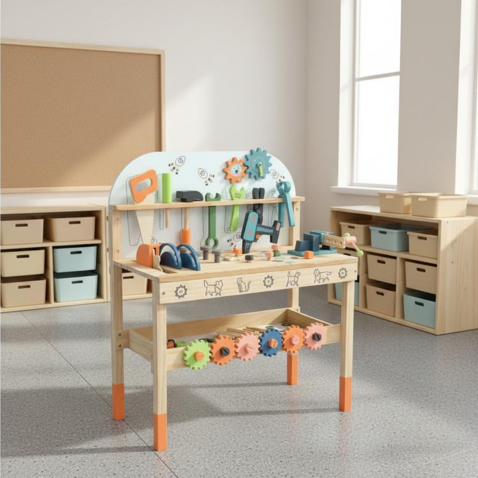 Gralara Kinder-Werkbank Aus Holz Realistisches Spielzeug Kinderwerkbank Lernspielzeug, Kompakte Werkbank In Grau Mit Holzdetails