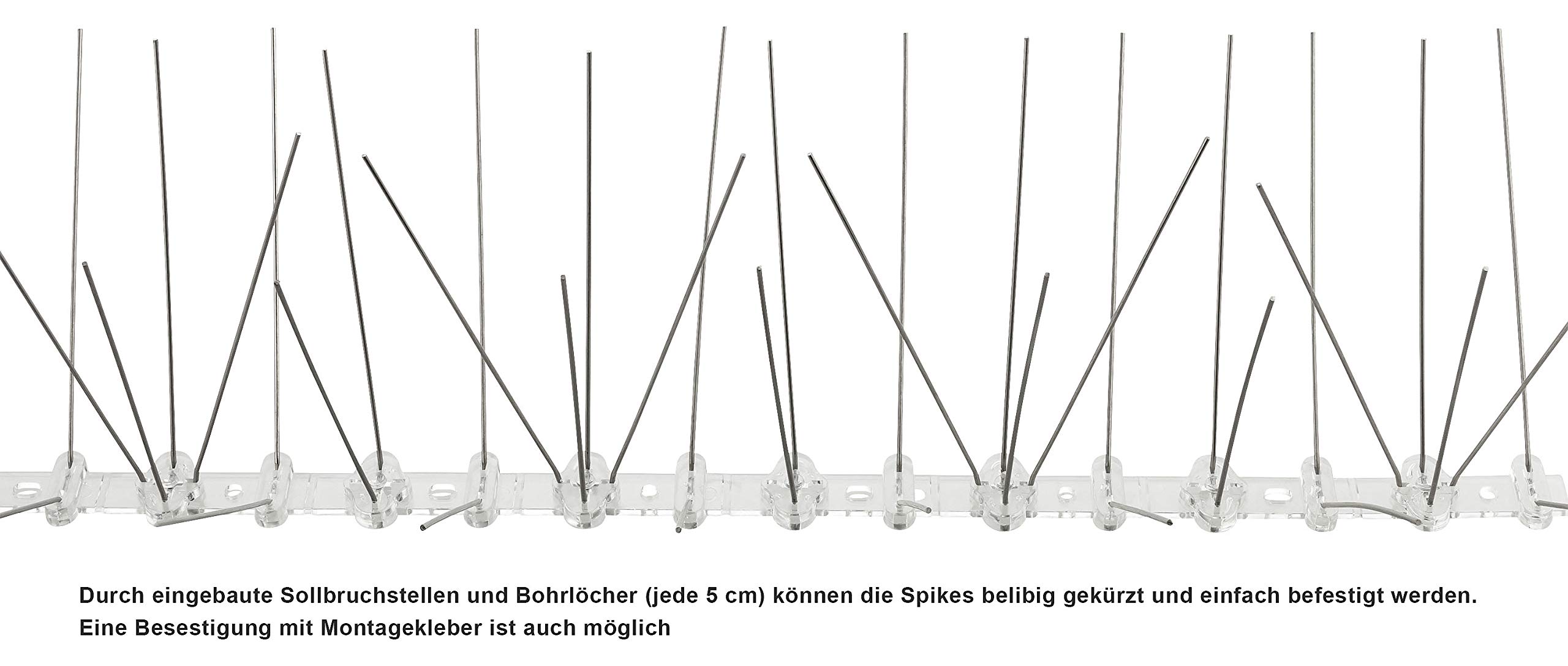 Taubenabwehr Spikes 5-reihig, 10 Meter (20 x 50 cm) | 5-reihiger Vogelschutz, Edelstahl mit Kunststoffleiste, Für Balkon, Dach, Fensterbank, Wetterfest, Flexibel langlebig