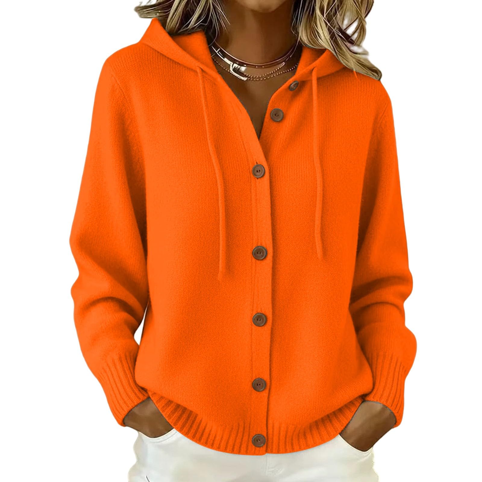 Cardigan Lavorato A Maglia Con Cappuccio Da Donna Abbottonato Con Coulisse