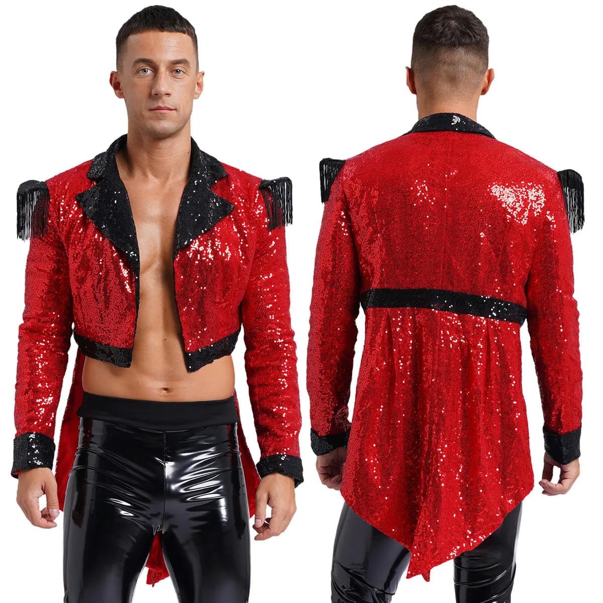 XINLIANYI Mens Sparkling Sequin Circus Tuxedo Fringed Epaulette Swallow-Tailed Coat Circus Ringmaster Magician Showman Halloween Costume Red