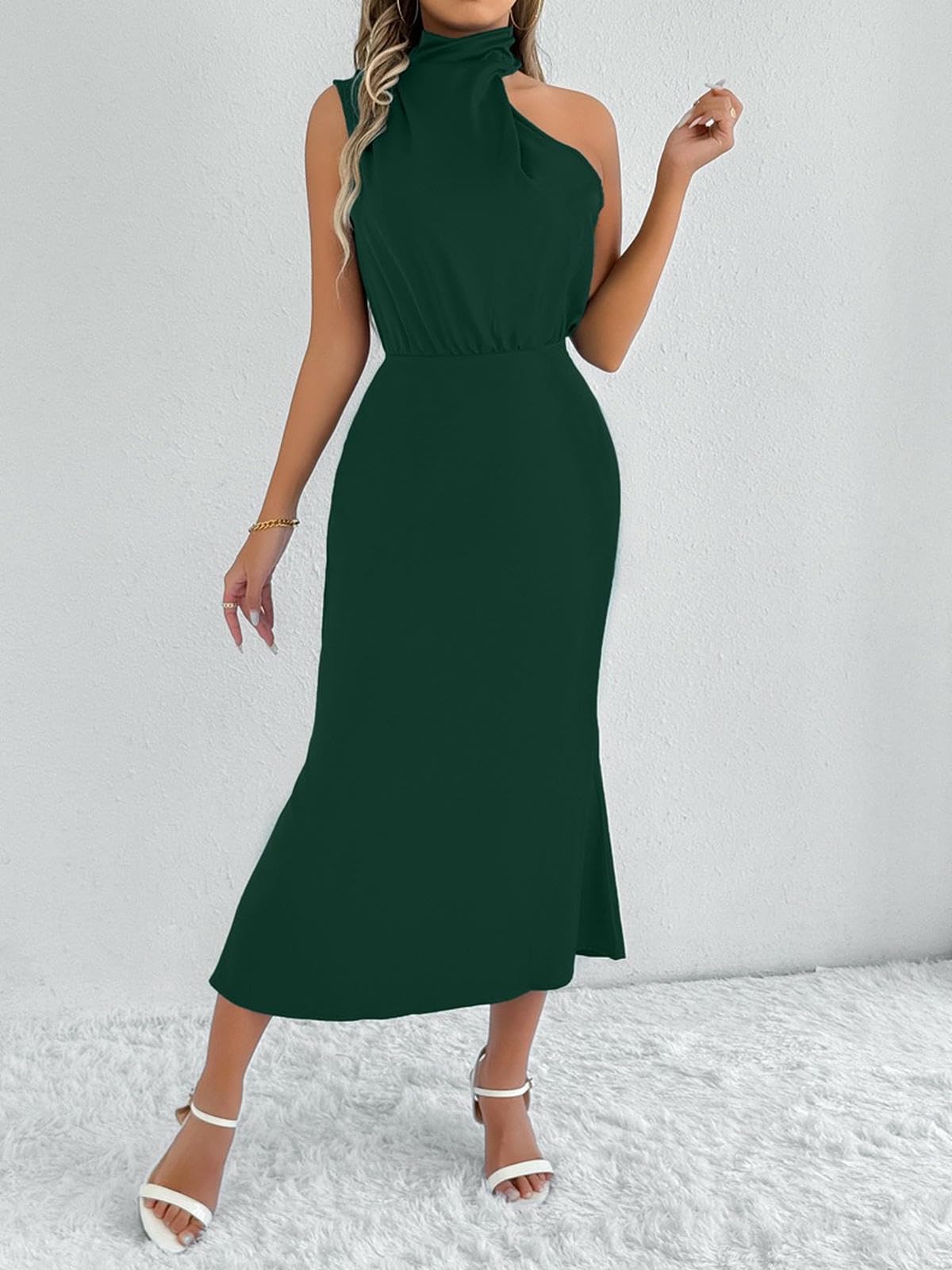 Abiti Abito Midi di Seta da Donna, Elegante Vestito Sexy per Matrimoni con Arrotolato Drappeggiato -Verde-XS
