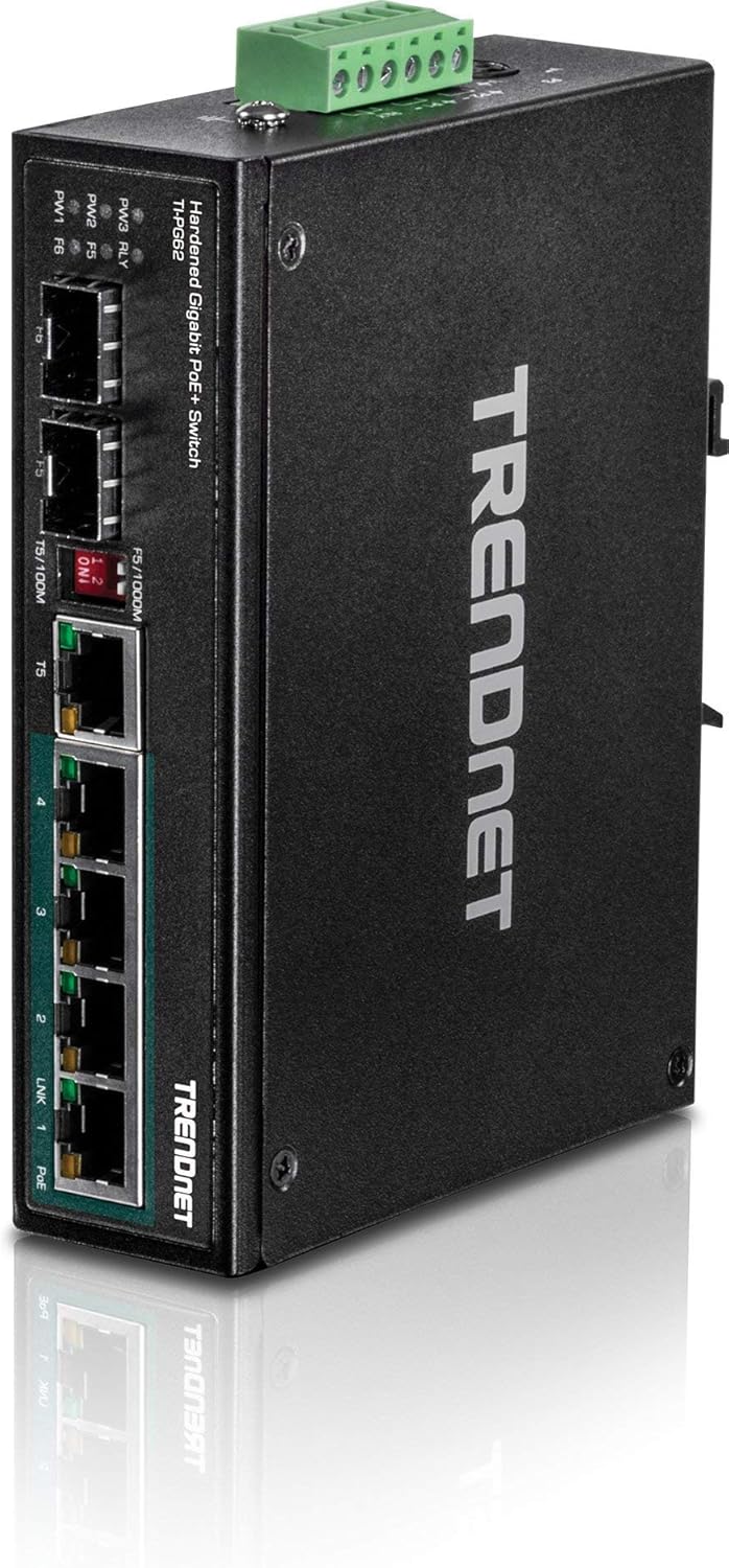 TRENDnet 6-Port Hardened Industrial Gigabit PoE+ DIN-Rail Switch,TI-PG62,4 x Gigabit PoE+ Ports, 1 x Shared Gigabit Port (RJ-45/SFP), 1 x Dedicated SFP, 120 W Power Budget, IP30,(Renewed)