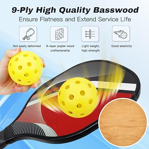 Miniatura 3 de Juego de 4 palas de pickleball de madera con agarre transpirable, 4 bolas de pickleball para interiores y exteriores, raquetas de pickleball,