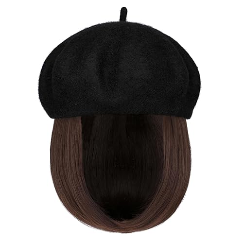 Miniatura 1 de Gorro de boina con extensiones de cabello, sombrero clásico de lana francesa adjunta, 12 pulgadas, lacio, corto, Bob sintético, para mujer, marrón