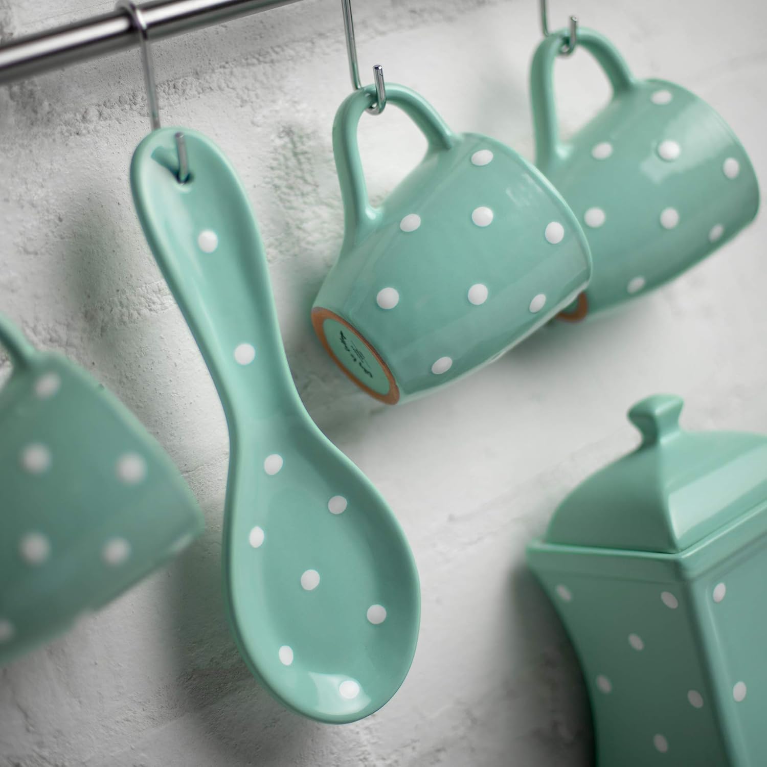 City to Cottage Spoon Rest for Stove Top, Large Ceramic Spoon Holder for Kitchen Counter, Cooking Utensil Rest for Countertop, Handcrafted Spoon Rest for Ladle, Spatula (Turquoise Polka Dot)
