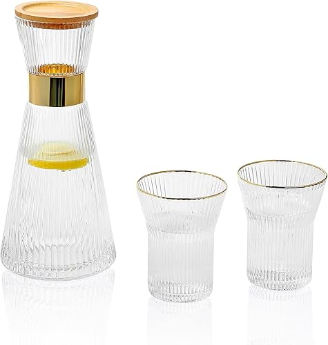 G Jarra de agua de cristal estriado con tapa de bambú de 34 onzas y vasos de vidrio, juego de 2 vasos de 9 onzas, jarra acanalada para la noche,