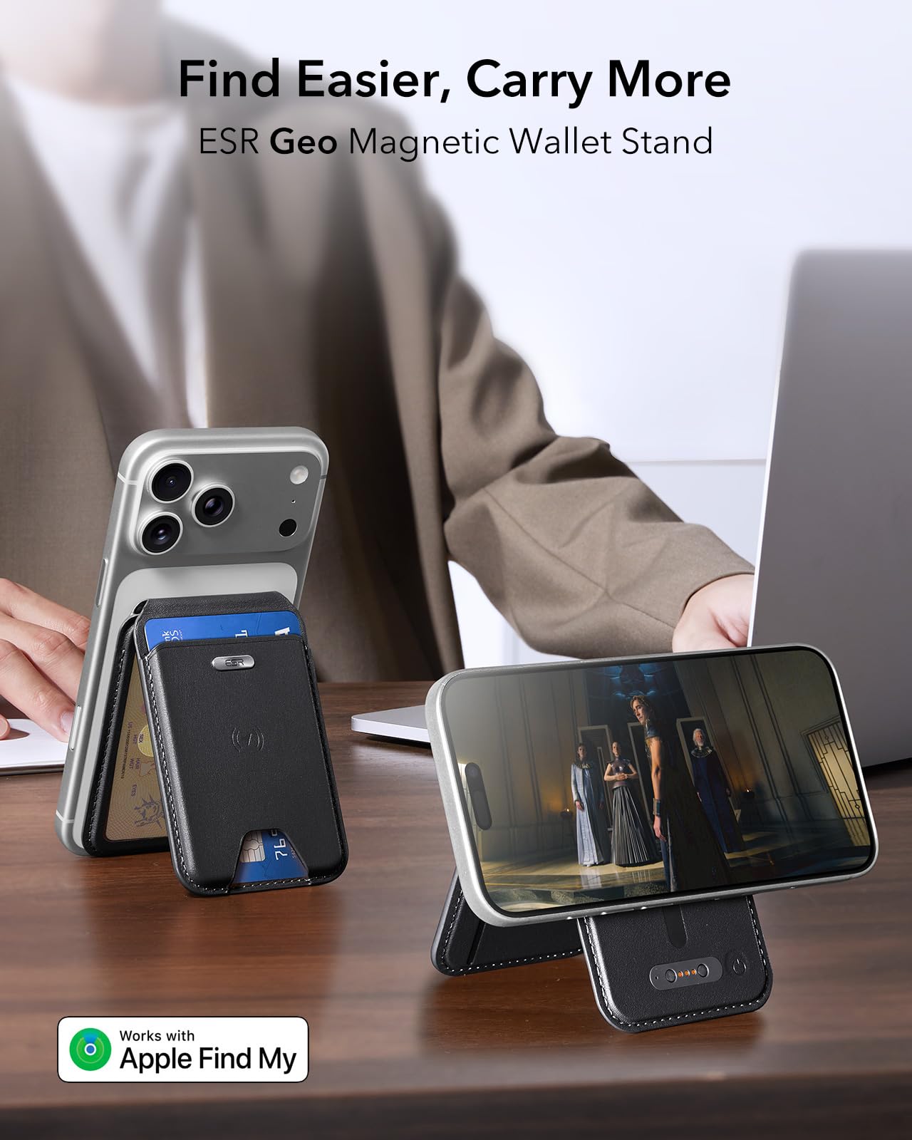 ESR Geo Porte Carte pour MagSafe, Compatible avec Localiser, Porte-Cartes Magnétique pour 5 Cartes, Blocage RFID, Support Ajustable, Wallet pour iPhone 17e/17/16/15/14/13/12 séries, Non Mini, Noir