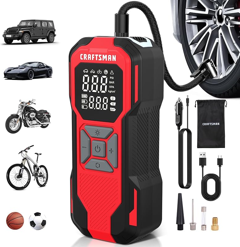 Compresor de aire portátil para inflar neumáticos, bomba de aire inalámbrica de 20 V para neumáticos de auto, batería de alta capacidad mejorada de 150 PSI, inflador de neumáticos portátil con apagado automático para auto, indicador LED y cable de 12 V CC