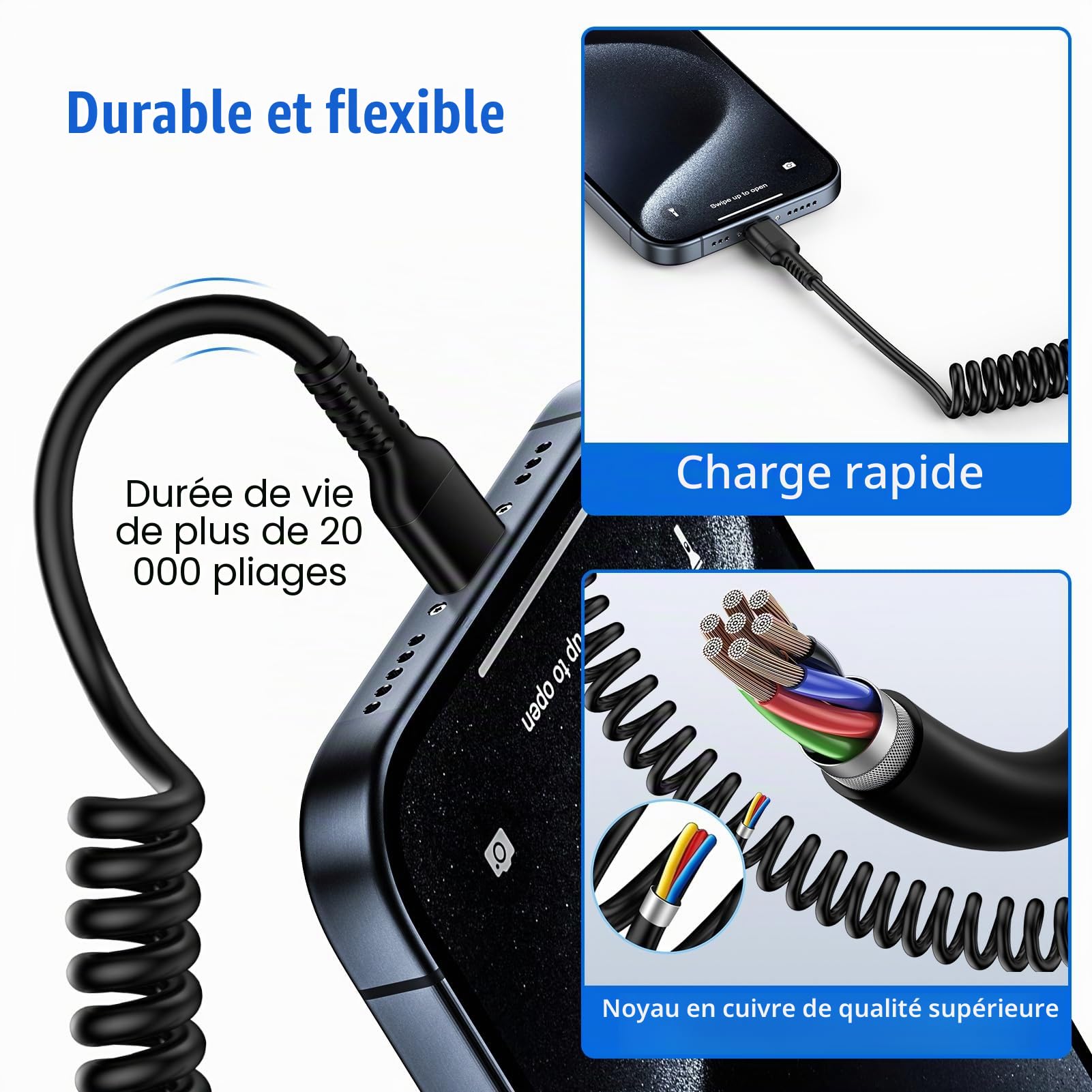 Cable Spiralé USB A à Cable Lightning, Cable iPhone Voiture Carplay [Certifié Apple MFi], Chargeur iPhone Court Rétractable avec Transmission de Données pour iPhone 14 13 12 11 Pro Max XS XR X 8 7