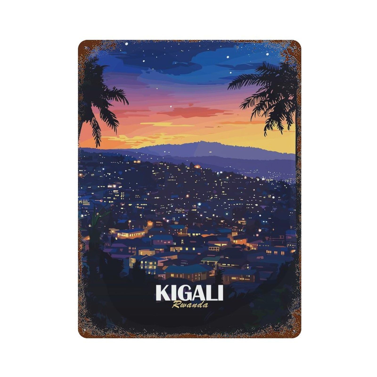 Rust Effect Kigali, Rwanda Cityscape at Night Vintage Rust Metal Sign 15.7"x11.8", Rustic Home Decor for Farmhouse, Kitchen And Entryway Decor