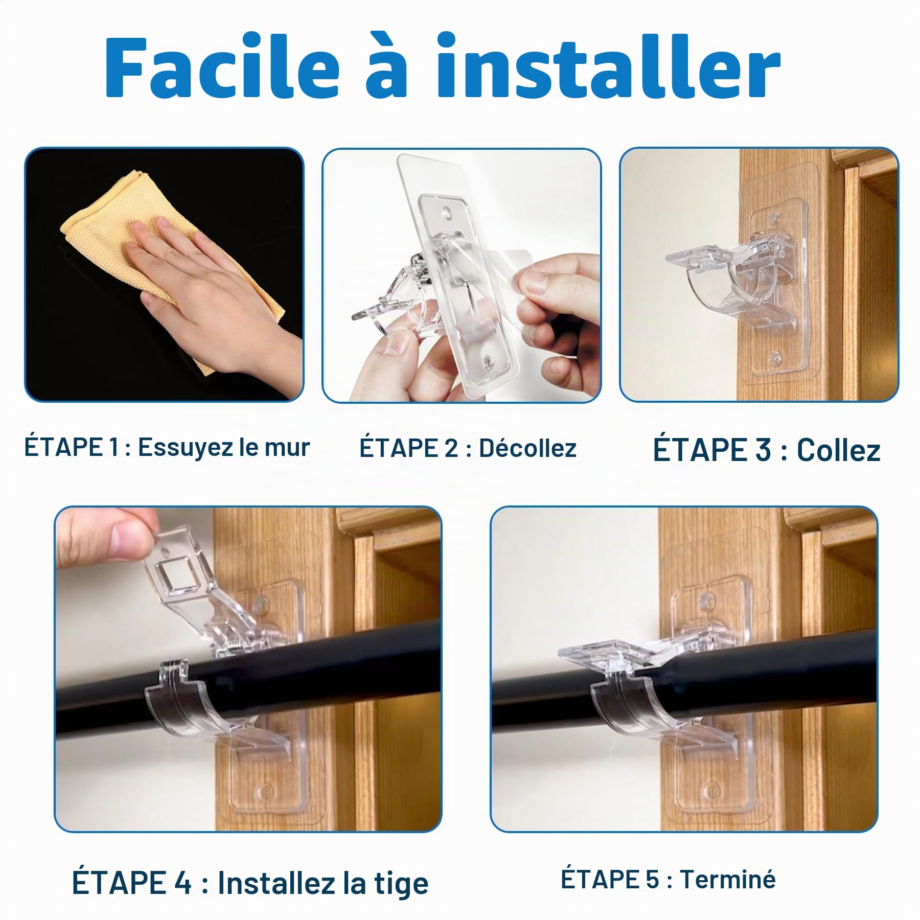 Antimbee Lot de 6 supports de tringle à rideaux auto-adhésifs sans perçage - Multifonctions - Sans clous - Pour dortoir, salle de bain, chambre à coucher, salon