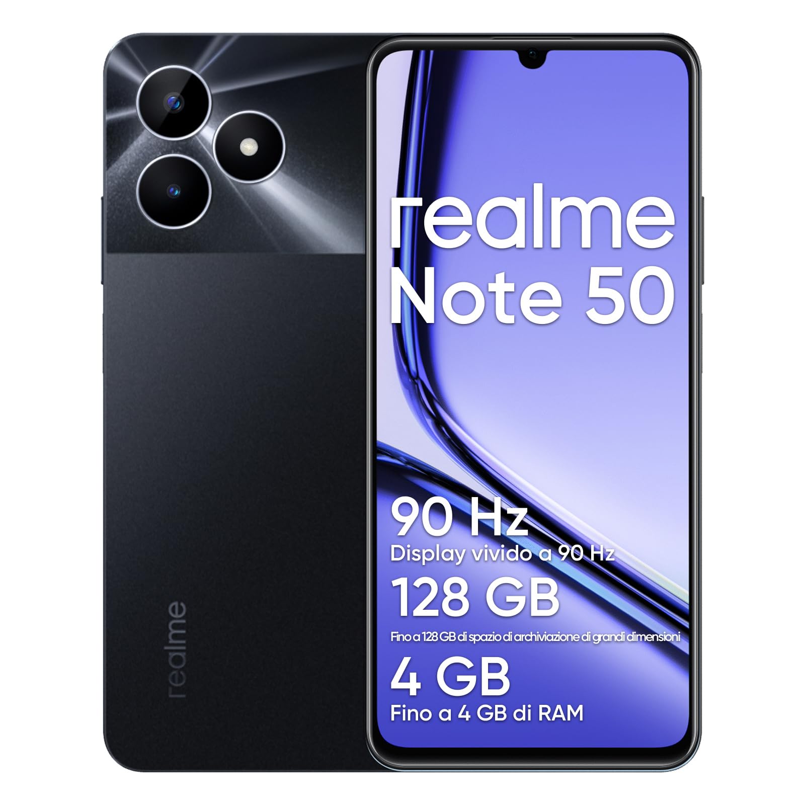 realme Note 50 Smartphone Android, 4G Cellulare Dual SIM, Display LCD da 6.74", 4GB RAM 128GB ROM, Fotocamera AI da 13MP, Batteria da 5000 mAh, Ricarica Veloce SUPERVOOC, Corpo sottile 7,99mm, Nero