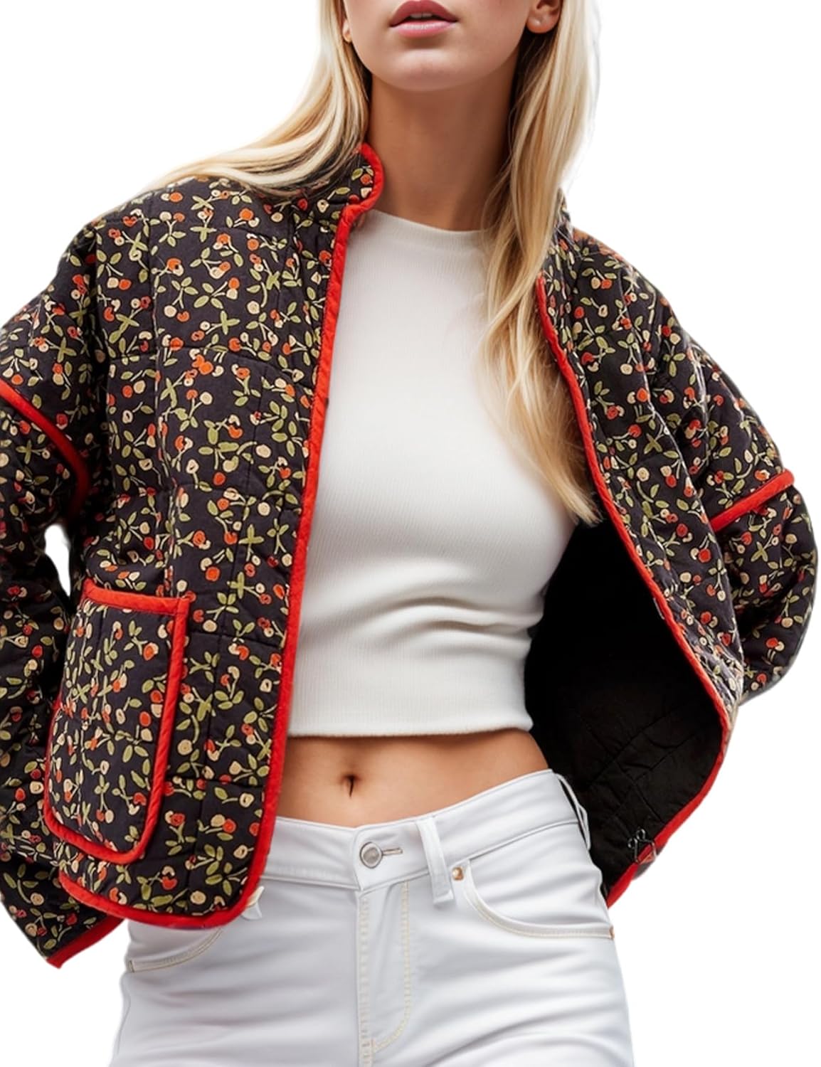 Yimoon Women's Cropped Puffer Quilted Jacket Vintage Floral Print Open Front Lightweight Short Jacket Outerwear