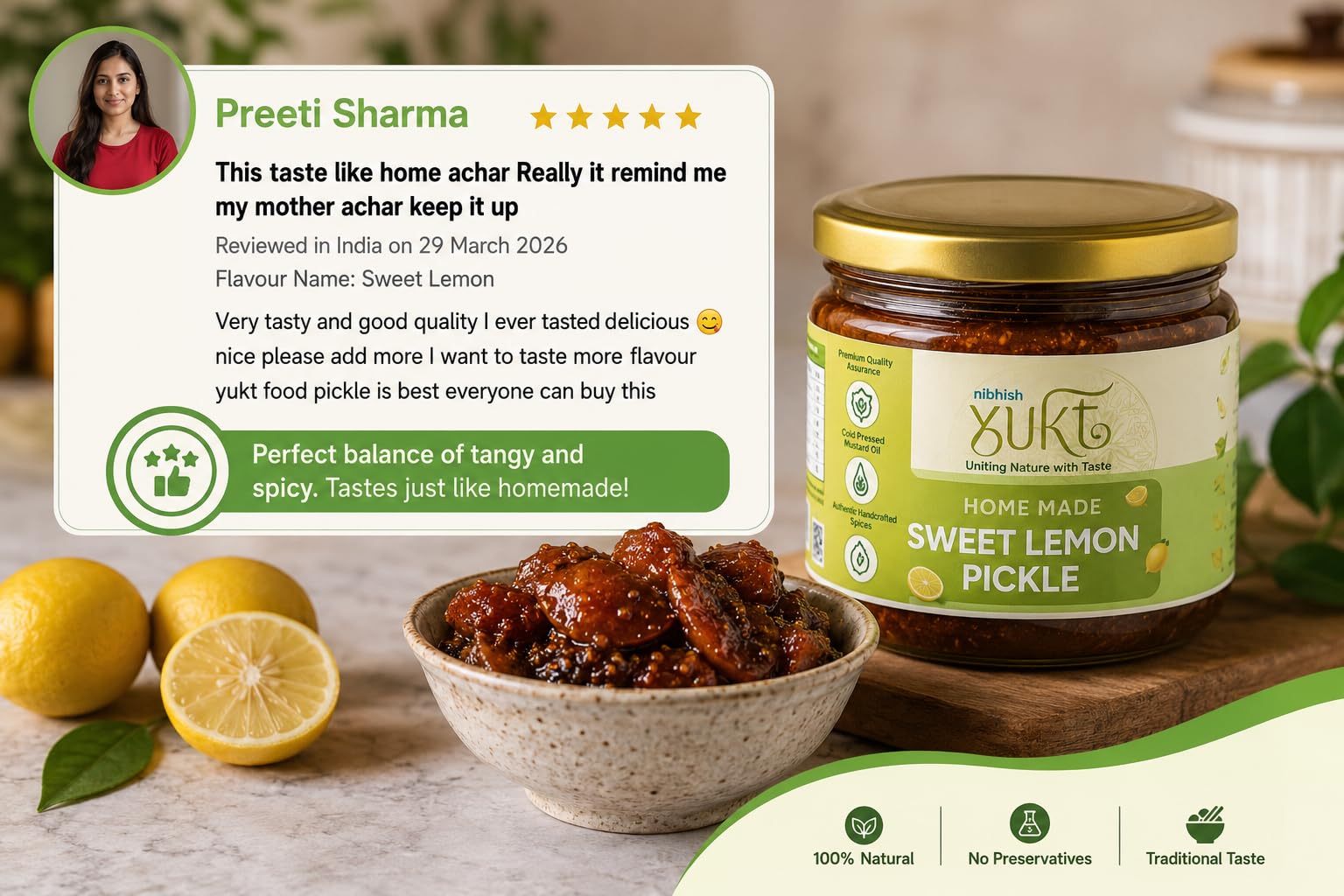 NIBHISH Yukt pickle Khatta Meetha Sweet Lemon Pickle | Sweet & Tangy Homemade Delight | Oil-Free, No Onion or Garlic | Traditional Chunda-Style Nimbu Ka Achaar with Grandma's Authentic Taste | Handmade Using Organic Preparation Methods | 100% Natural & Pure | Glass Jar 3