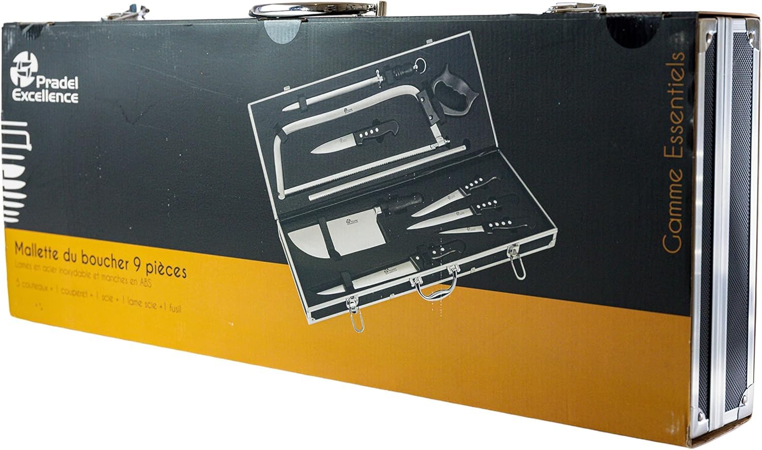 Pradel Excellence - Mallette Coutellerie du Boucher 9 Pièces - Couteaux de Boucher, Scie, Aiguiseur - Acier Inoxydable 420J2 - Mallette Aluminium - Logo Gravé, Noir,argent