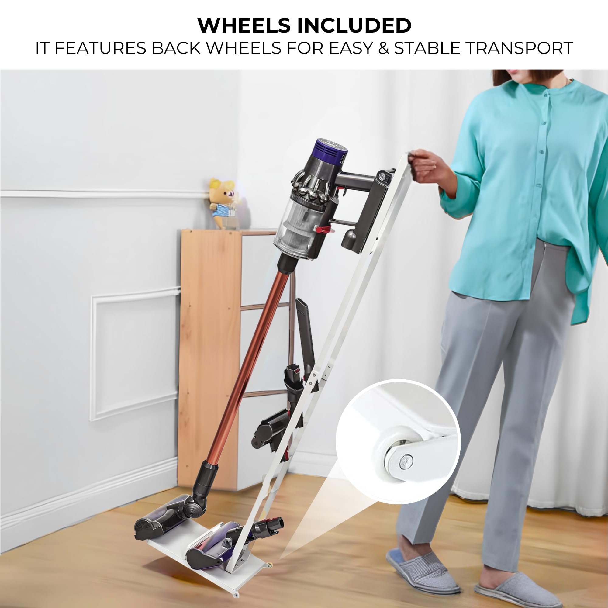 Supporto per Aspirapolvere Compatibile con Dyson V15 V12 V11 V10 V8 V7 V6 - DC45/ DC35/ DC58/ DC59/ DC62/ DC74- Organizzatore da Pavimento con Ruote senza Forare il Muro.
