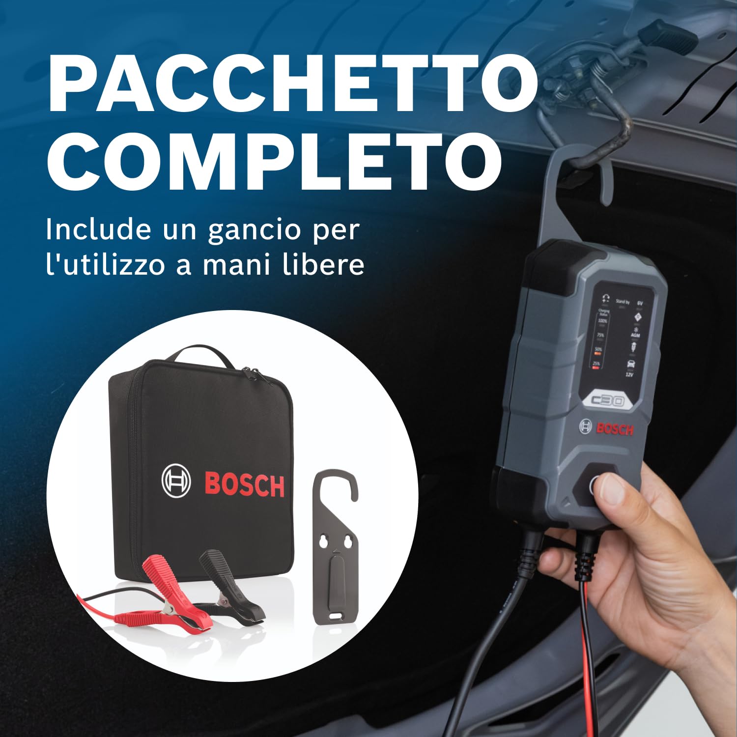 Bosch C30 Caricabatterie per Auto, 6 V - 12 V / 3,8 A, con Carica di Mantenimento - per Batterie al Piombo-Acido, EFB, GEL, AGM e SLI da 6 V/12 V