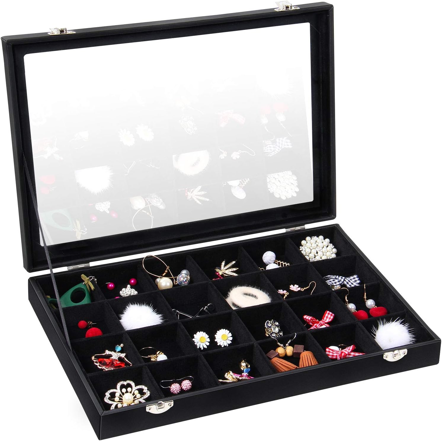 Valdler Velvet Clear Lid Jewelry Tray Showcase Display Storage Box (24 Grid Jewelry Tray)