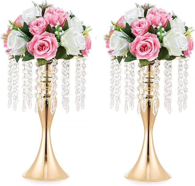 LANLONG Gold Vases for Wedding Centerpieces Set of 2 Crystal Flower Arrangement Stand, Metal Flower Stand Centerpiece for Table Pieces Wedding Event Decor