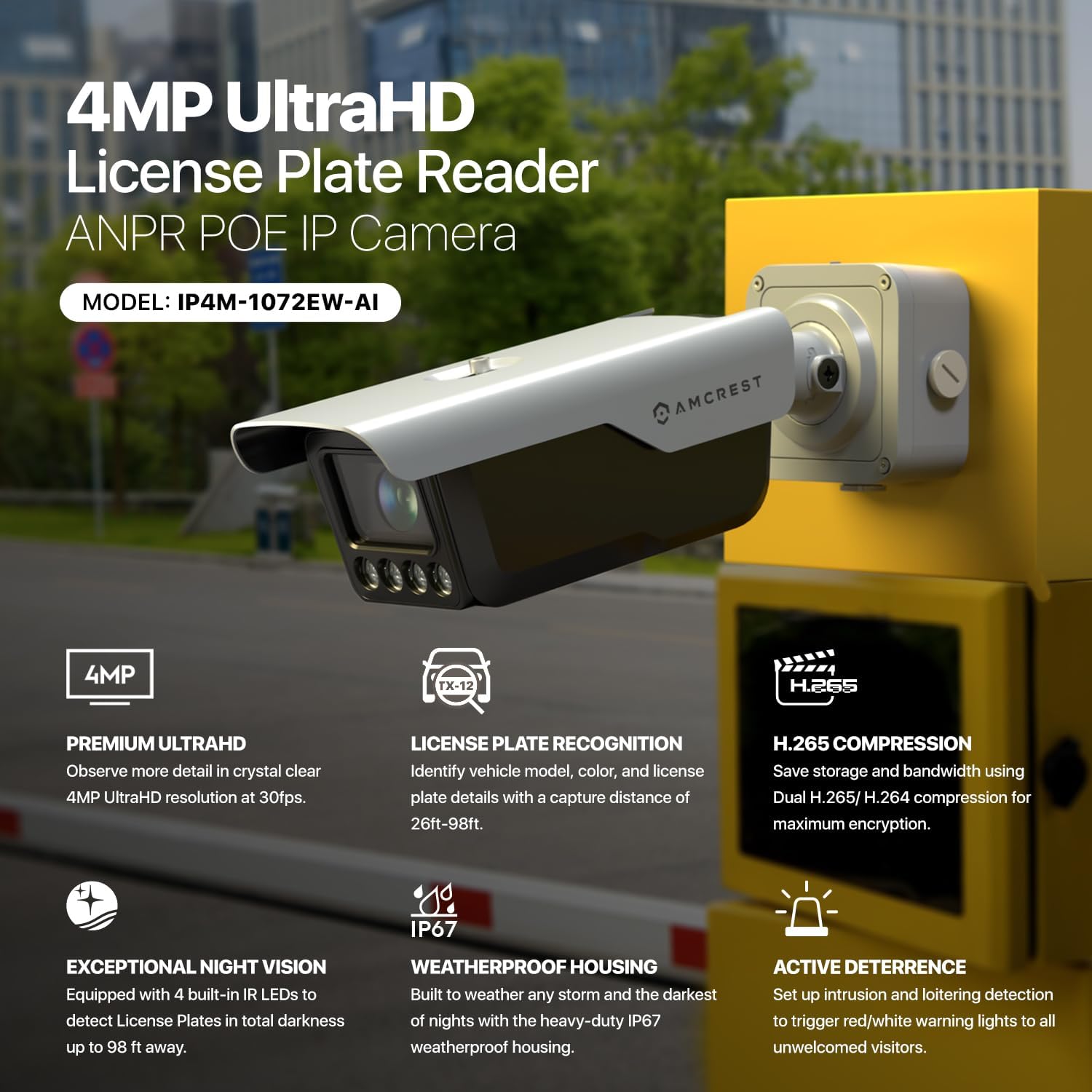 Amcrest License Plate Recognition (LPR) Camera, 8-32mm Optical Zoom AI IP POE Camera 4MP @ 30fps, 1/1.8" Low-Light Sensor, Active Deterrents, 98ft Nightvision, Bullet IP4M-1072EW-AI