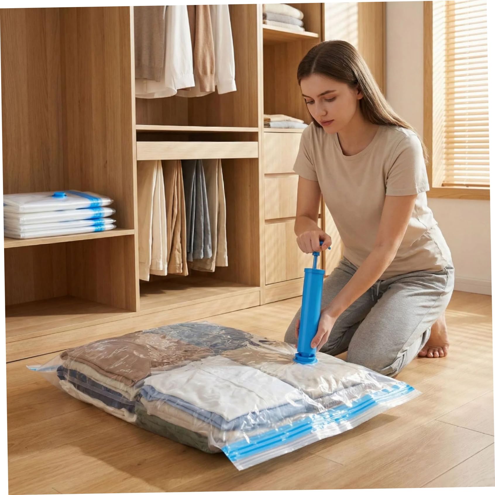 12 sacchetti da viaggio sottovuoto con pompa, sacchetti salvaspazio per vestiti, biancheria da letto e da viaggio, 4 a compressione medio/grande/extra large, salvaspazio, sottovuoto