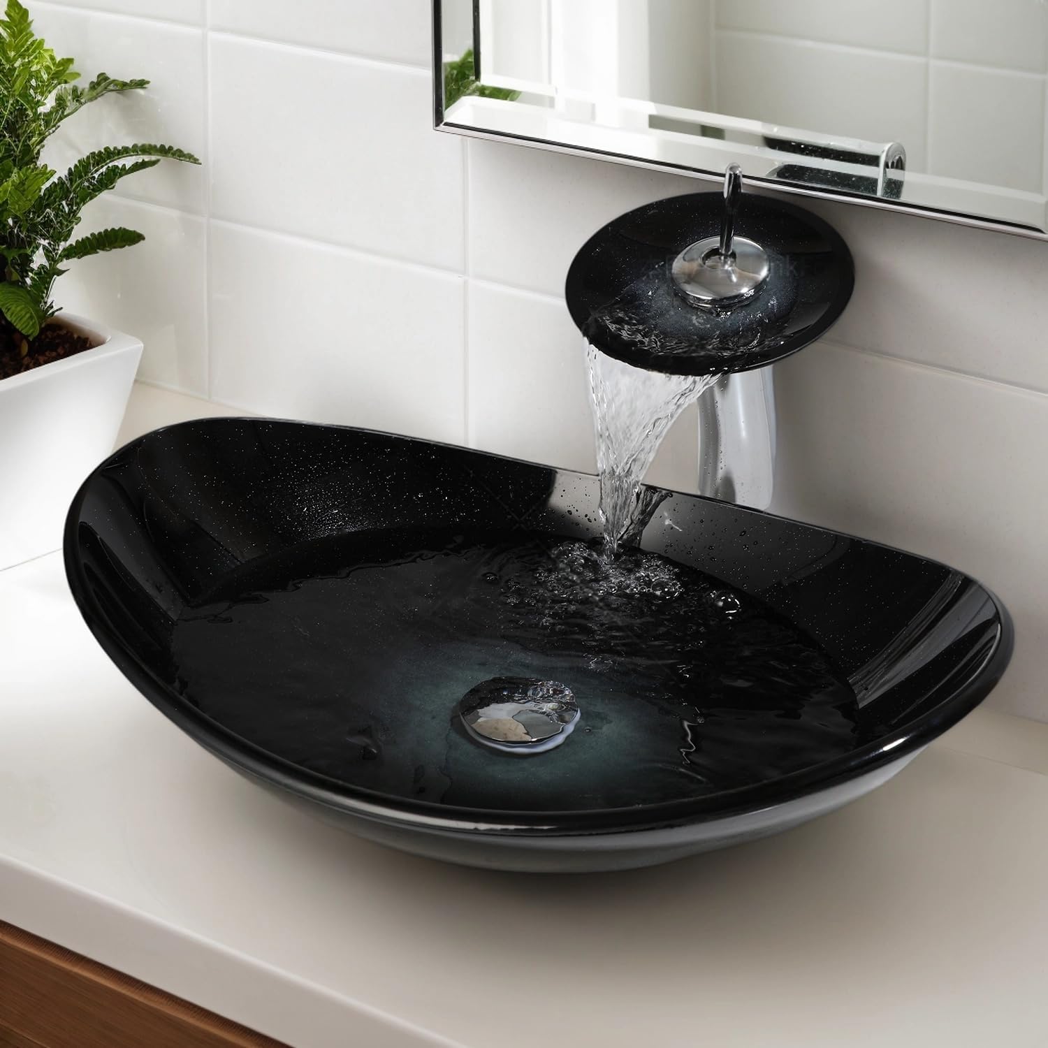 20x14 Inch Oval Glass Vessel Sink for Bathroom with Faucet and Drain Combo, Above Counter Mounted Sink Bowl with Starry Black Gradient