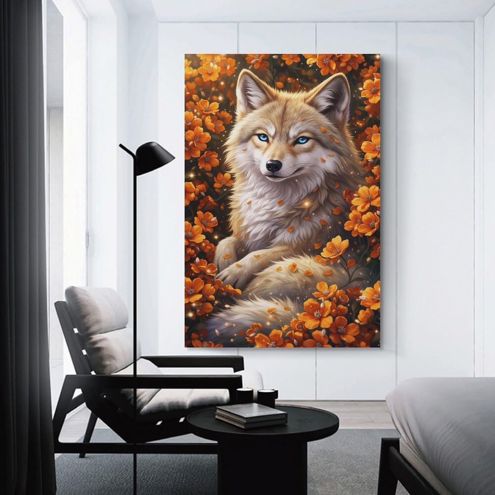 Wolf Among Marigold Blooms Home Decor Wall Art 20x30inch(50x75cm), for Lounge, Bedroom Or Personal Spaces, Gift Idea for Housewarming And Birthdays