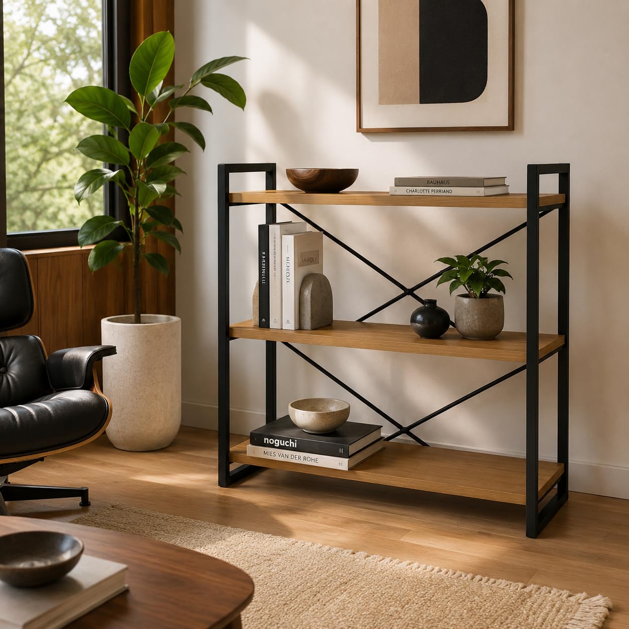 MAKA Scaffale con Struttura in Metallo Soggiorno, Libreria Bassa con 3 Ripiani in Legno, Scaffalatura Bassa Moderna per Bagno, Cucina, Camera da Letto, Facile da Montare, 80x33x66 cm (3 Ripiani)