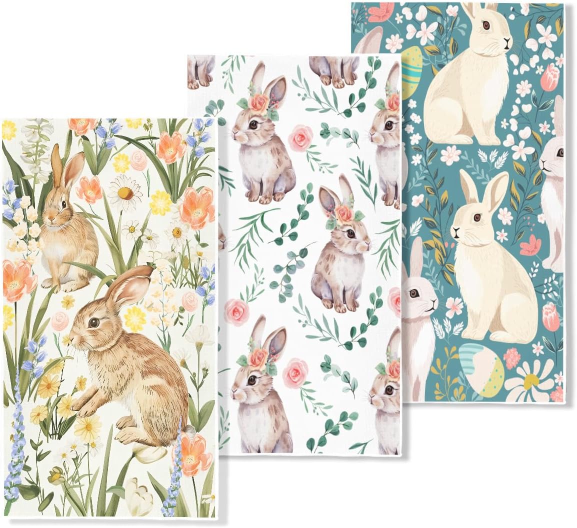ZHAMEN 3Pcs Bunny Kitchen Towels, Floral Waffle Weave Dish Cloth Tea Towel, Reusable Microfiber Hand Towels for Kitchen Home Farmhouse Bathroom Decor, Flower Gifts for Women Grandma Mom, 24×14 Inch