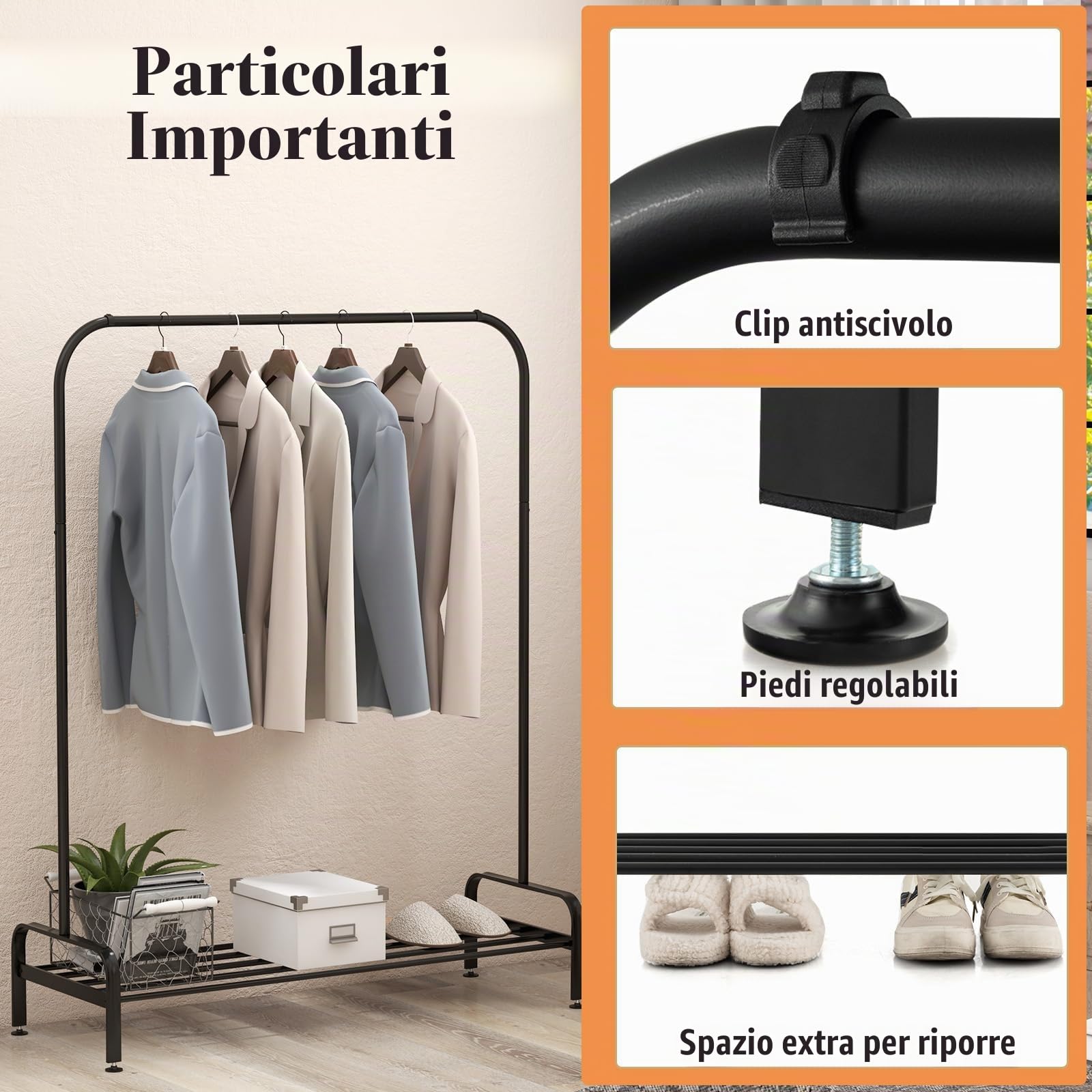 HOMASIS Stand Appendiabiti da Terra, Porta Abiti con Ripiano e 2 Ganci, Scaffale Portaoggetti Multifunzionale, Stender Salvaspazio per Camera da Letto, Negozio di Abbigliamento, 112 x 42 x 145cm, Nero