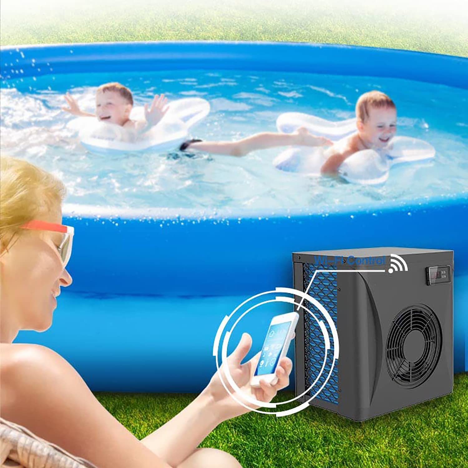 Pompe à Chaleur pour Piscine et Chauffe-Eau électrique pour Spa avec régulateur de température numérique, adapté aux piscines ≤ 15 m³