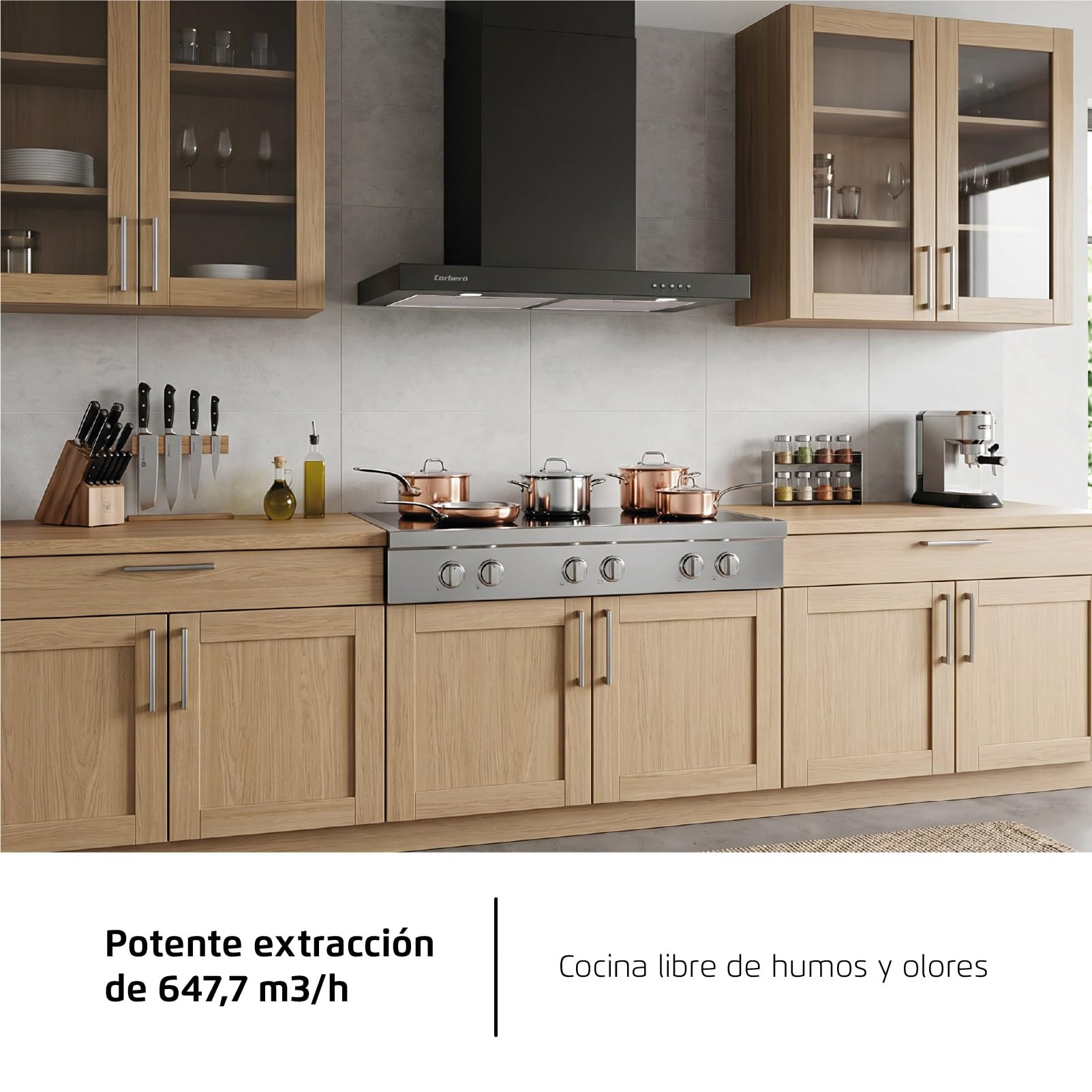 Corberó - Dekoracyjny dzwonek poziomy 60 cm | VOSTOK660B | 647,7 m3/h Przepływ | 165W | 3 prędkości | 2 filtry aluminiowe i węglowe | Efektywność energetyczna A, czarny