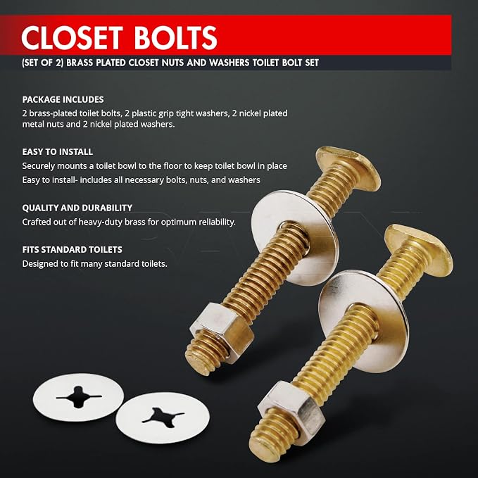 Tornillos para sanitarios recubiertos de latón con tuercas y arandelas, 1/4 pulg x 2-1/4 pulg, set de 2 miniatura 3