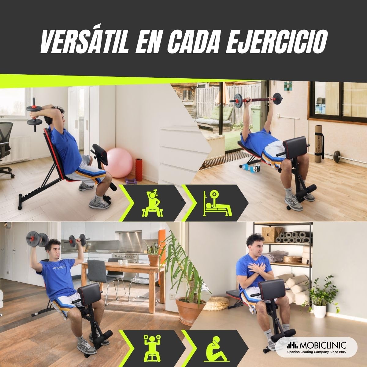 Mobiclinic®, Banco de Musculación, Con Cintas de Resistencia, Plegable, Con Ruedas, Multifunción, Press de Banca, Ajustable, Declinable e Inclinable, Hasta 120KG, Planefit, Gimnasio en casa