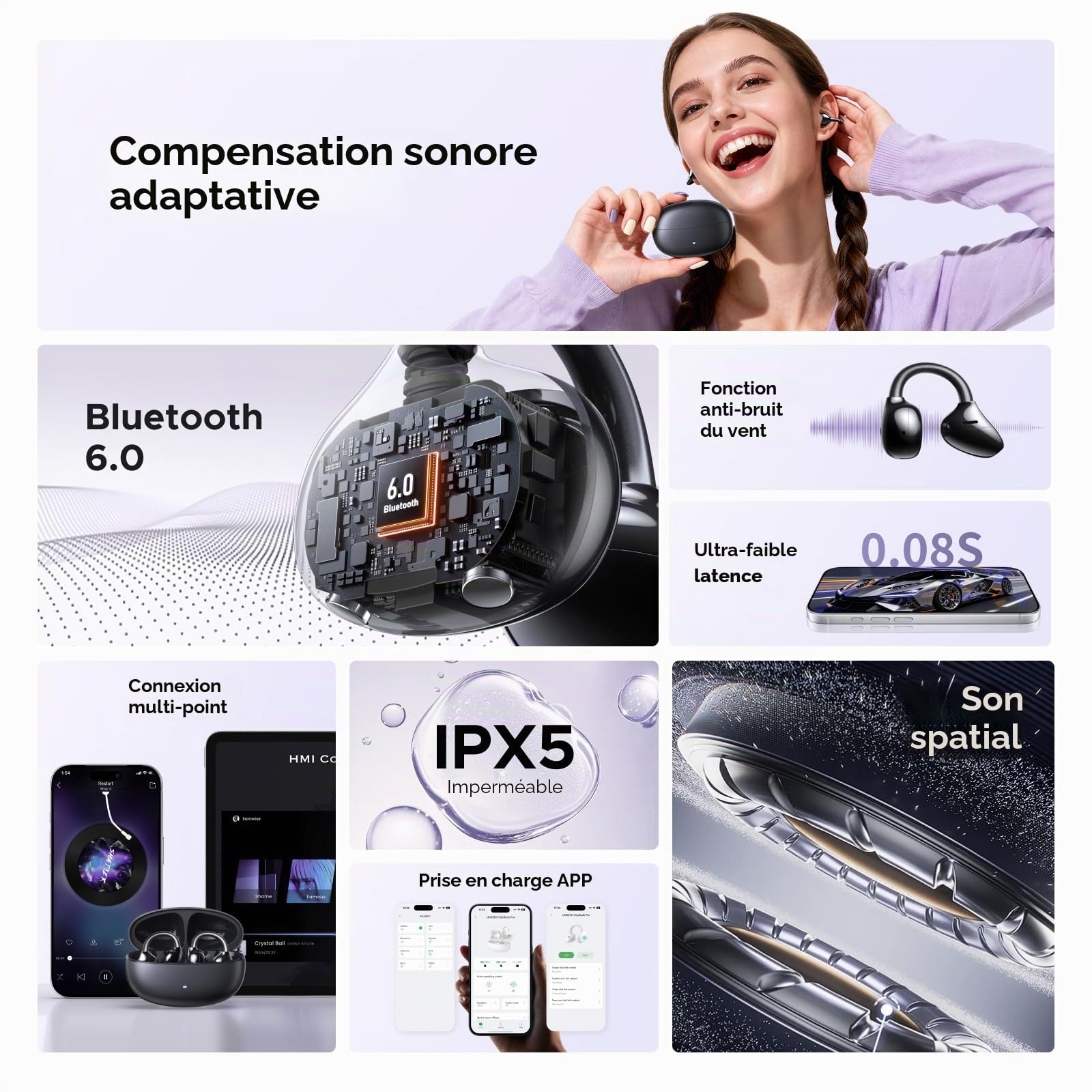 UGREEN Écouteurs Bluetooth sans Fil Sport ClipBuds Pro Hi Res ANC Hybride Adaptative Oreillette Ouverte BT 6.0 ENC Antibruit Audio Spatial Multipoint Connexion 32H Autonomie USB C Charge IPX5 Noir