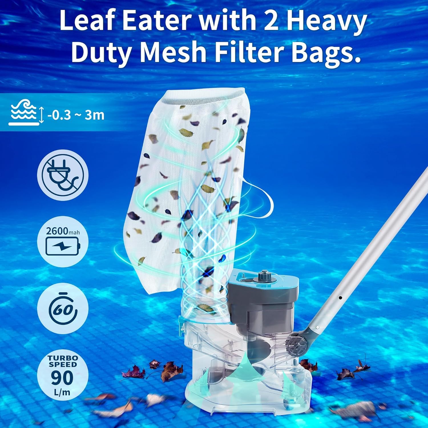 Aspiradora inalámbrica para hojas de piscina con bolsas de filtro duales | Bolsas de filtro duales; succión resistente para piscinas sobre el suelo y enterradas; fácil eliminación de hojas y desechos