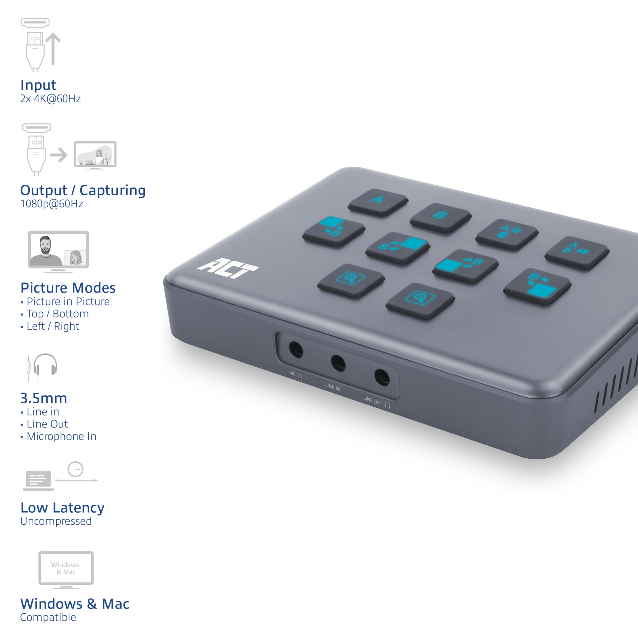 ACT Switch video Capture Card con 2 porte HDMI (4K), 4 modalità di visualizzazione, HDMI Capture Card con USB Type-C, scheda di registrazione video per streaming, gaming PS5/Xbox/Switch/Twitch/Youtube
