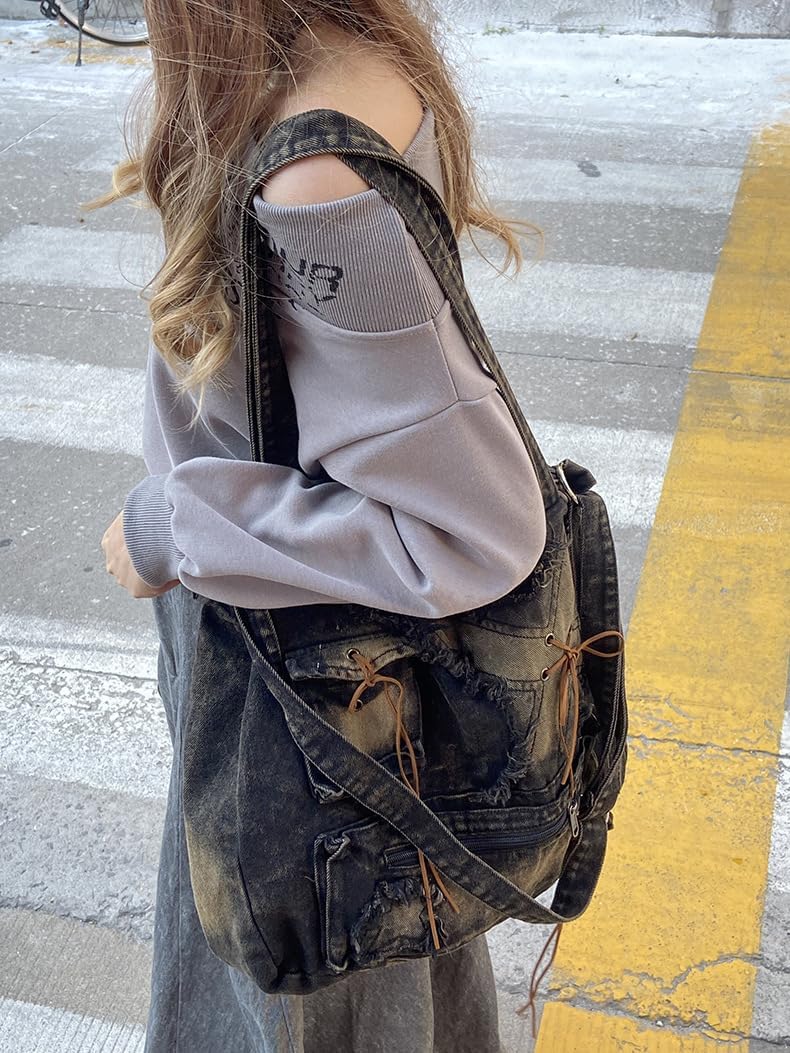Vintage Women Shoulder Bag Large Female Crossbody Bags Distressed Denim Tote Handbag